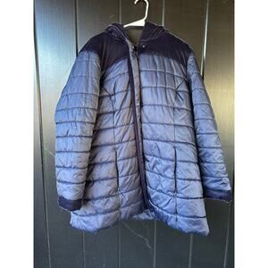 Susan Graver Women’s 1X Navy Puffer Coat With Velvet Trim Hooded Jacket